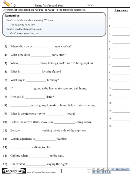 Common Misuses Worksheets - Your & you're worksheet